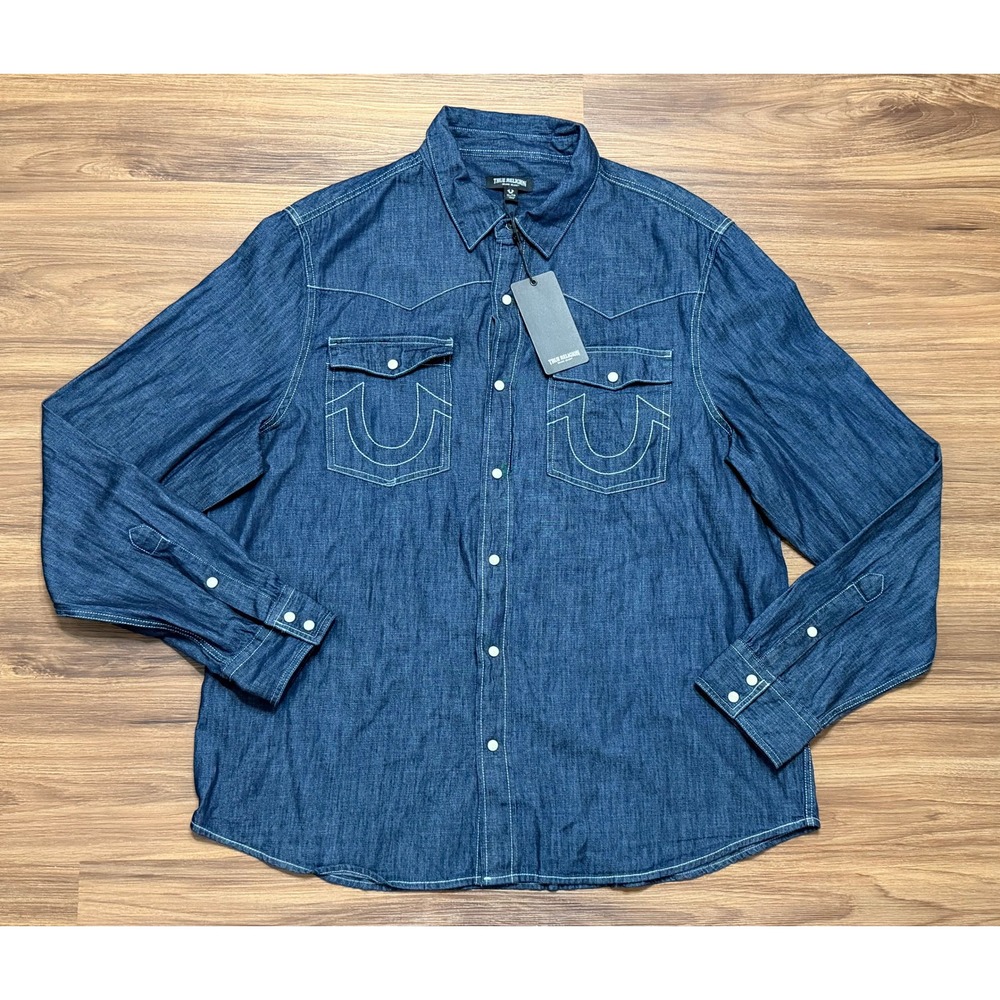 True Religion Mens Dark Wash Western Pearl Snap Shirt Indigo Denim Sz XL